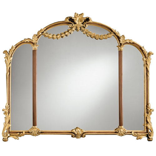 This horizontal mirror is hand crafted in Louis XV style. Wall mirror has a carved wood frame embellished with stylized fluted columns, laurel swags, and leaf scrolls. Horizontal mirror has a hand-painted medium brown finish and hand applied antiqued gold metal leaf accents