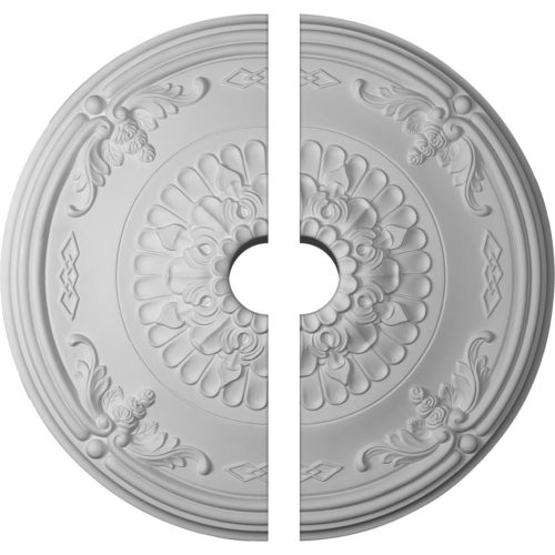 two piece Hanover Ceiling Medallion. Hanover decorative medallion for ceiling comes factory primed and is suitable for painting, glazing or faux finish. This ceiling medallion giving you look and feel of plaster while it is much easier to install than plaster or gypsum due to the weight, dimensional stability, precise tolerances and flexibility.