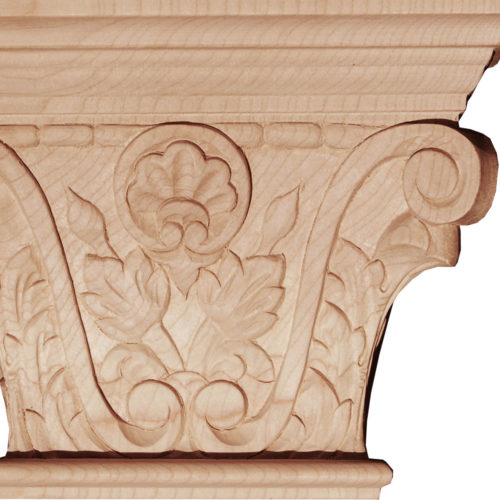 Boston hand-carved wood capital are carved in a deep relief with rising acanthus leaf, scrolls, and beading along a crown of the capital