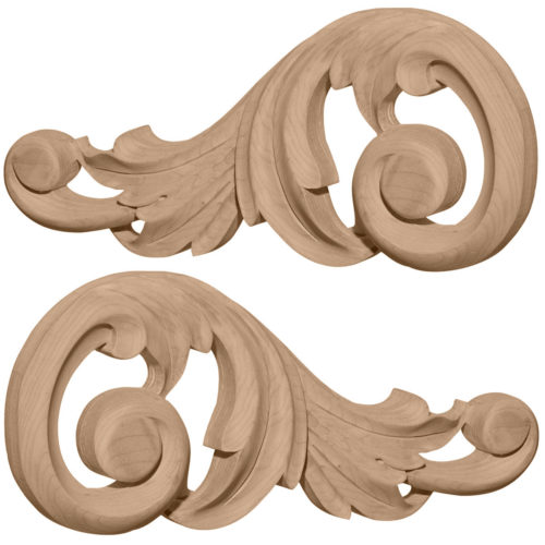 wood onlays and hardwood carvings with scrolled leaf design