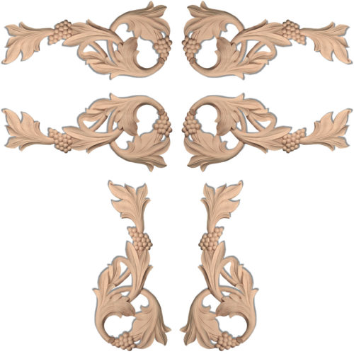 Delightful Ventura grape scrolls wood carvings are hand crafted from premium selected American hardwoods. Hardwood scrolls carved as a matching pair, where each of the carvings is facing in the opposite direction. Wood carvings feature elegantly scrolled carved in deep relief pierced design with grapevine and grape clusters