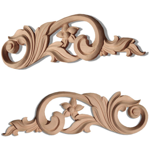 Oxnard carved wood scrolls are hand crafted from premium selected white hardwood. Wood carvings feature carved in deep relief flowers with elegant leaf scrolls. White hardwood has an exceptional stain acceptance qualities