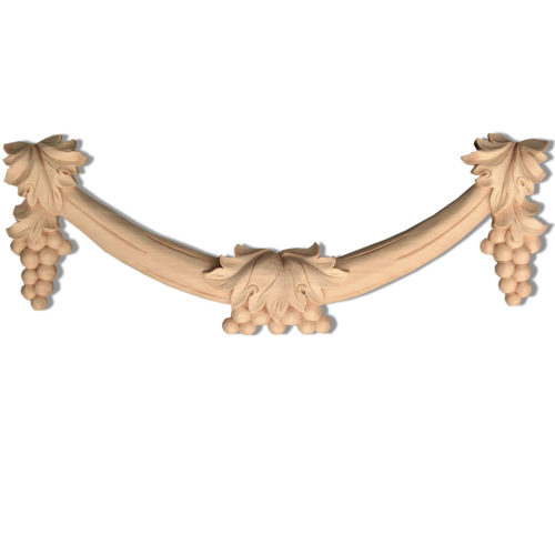 Cupertino grape swag is hand carved from premium selected white hardwood. Design of this carved wood swag features stylized grape clusters peeking out from under the leaf in the center of the carving