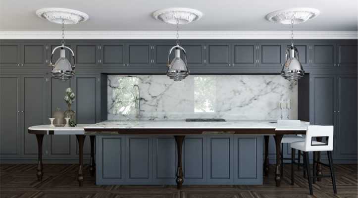 Elegant dark grey contemporary kitchen design with classic ceiling medallions, wooden island legs and lanterns with industrial flair; kitchen design ideas; contemporary kitchen inspiration