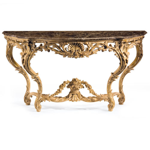 Carved wood console table with shell motif in distressed gold leaf decape finish. Louis XV console has brown Emperador marble top. This console table is hand made in Italy
