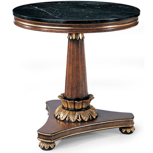 Biedermeier style round wood table with carved leaf motif. Table has hand-painted faux burl finish and antique gold-leaf trim. Biedermeier table is made with black Marquina marble top. Biedermeier style table is hand-crafted in Italy