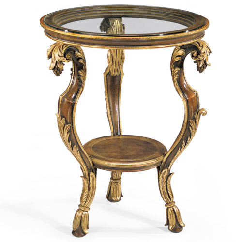 18th-century Tuscan style round carved wood table with leaf motif and glass top. Occasional table has hand-painted medium brown finish with antique gold-leaf accents. This table is made with glass top. Tuscan style table is hand-crafted in Italy