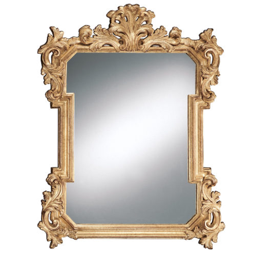 Carved wood Louis XIV style mirror with acanthus leaf motif. Mirror finished in antiqued gold leaf with burnish highlights. This mirror is hand-crafted in Italy