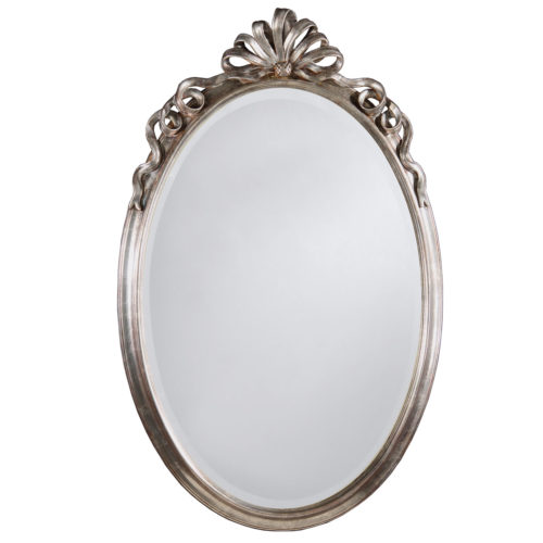Oval Neoclassic style carved wood wall mirror with ribbon motif. This wall mirror has antique silver leaf finish and beveled glass. hand-crafted in Italy.
