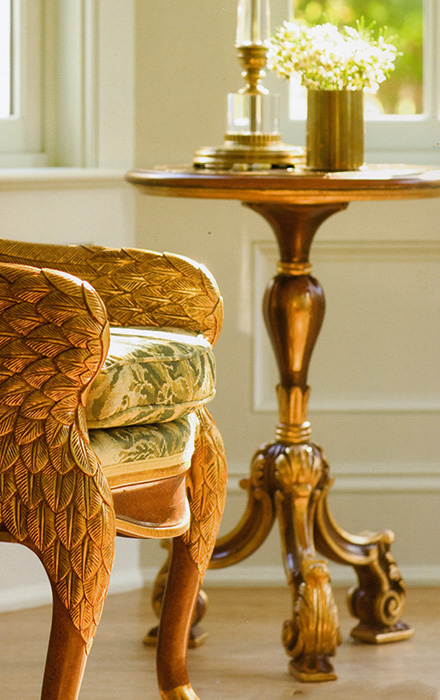 room decor - beautiful carved wood occasional table; Italian Neoclassic style round carved wood table