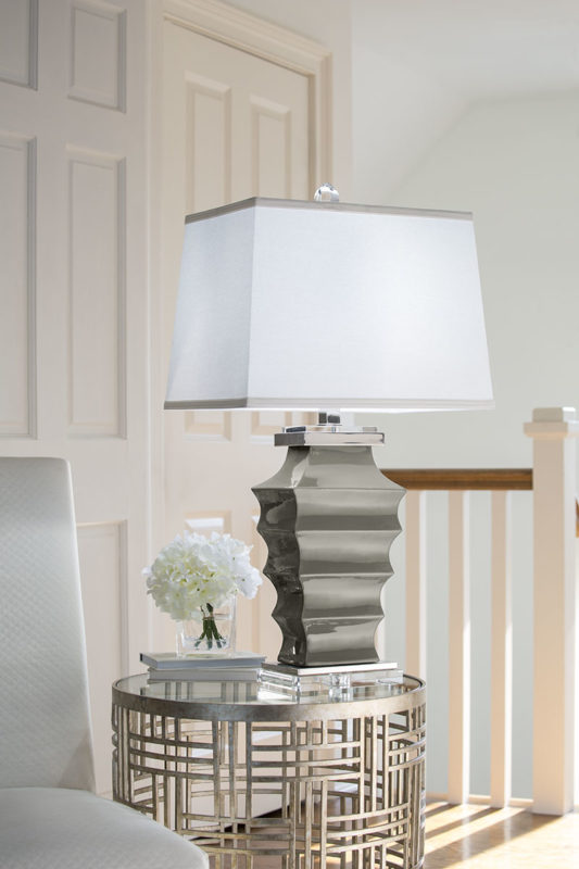 table lamps; Grey ceramic lamp with crystal accents, polished nickel trim