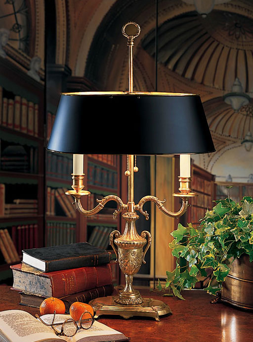 solid brass table lamp with classic Greek urn design and black shade