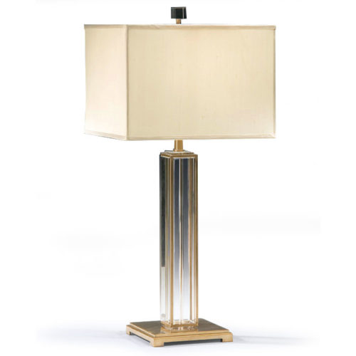 Solid crystal lamp with antiqued solid brass trim. Crystal lamp has square hardback fabric shade;