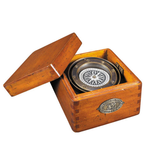 The solid bronze gimbaled compass sits inside an expertly hand distressed, French finished box