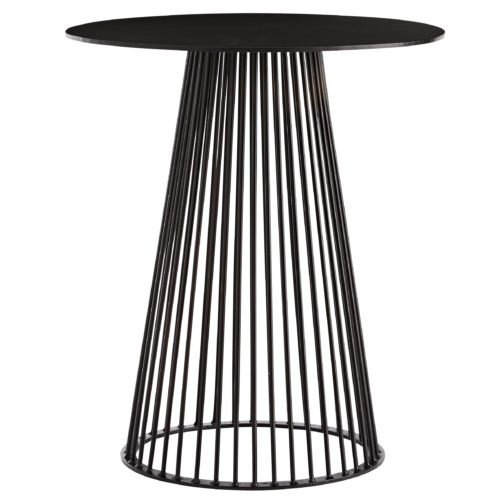 modern iron accent table with thin iron rods and a blackened finish.