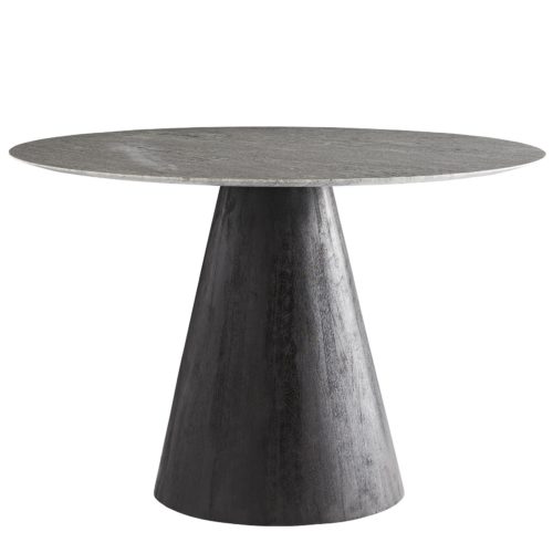 mixed materials and clean lines make for this modern dining table. Table has marble top and a tapered wooden base finished in a dark stain, table is perfect for art deco contemporary dining area.