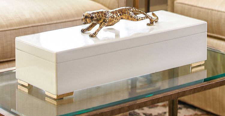 Cheetah Box; Elegant box in polished white finish with hinged lid, dynamic cheetah topper and fabric liner inside;
