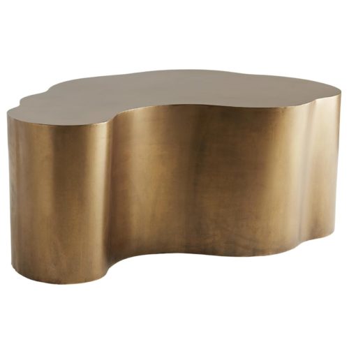 playful curves dance around the entire structure of this cocktail table, softening its skilled metal craftsmanship. Look closely and discover a warm antique brass finish
