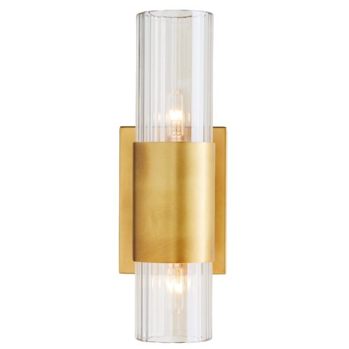 Faceted champagne crystal glass tapers through a thick antique brass belt,creating a luxe structure that is as much of a visual aesthetic as it is a functioning form. Pair with another to double the amount of lustrous illumination.
