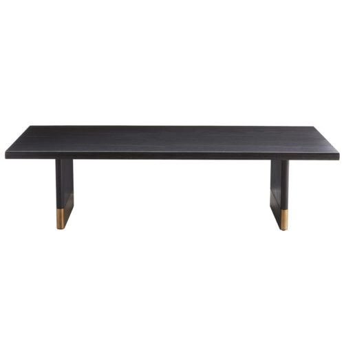 Contemporary style coffee table; Bullnose edges and a burnished gold leaf sabots highlight the soft ebony stained oak grain. Nylon nail-in glides will protect exposed floors.