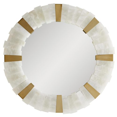 Snow marble and antique brass keystones frame a round plain mirror, delivering the right amount of drama to its luxe style. The textural yet polished frame delivers maximum luster when hung over a vanity or console.