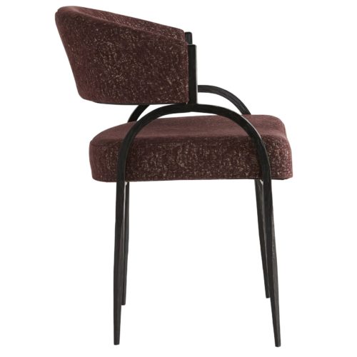 A curved back and large seat rest on a perfectly poised iron frame to compose the foundation of this burgundy chenille chair. The seat and back cushion are covered in a bordeaux chenille fabric, subtly showcasing the contrast of highs and lows evident in its rich hue.