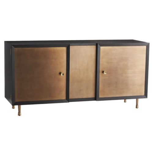 Cabinet is a heritage piece with contemporary flair. The striking contrast between the rich ebony stained oak finish and earthy burnished gold leaf lends dimension to the traditional silhouette.