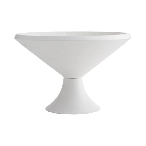 Concrete is molded and finished in a stark white to create the tabletop structure, which features a profound, bowl-like top that rests upon a tapered pedestal base.
