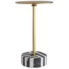 A sleek iron top finished in antique brass juxtaposes with a solid, black-and-white-striped marble base, defining the simple symmetry of this functional showpiece