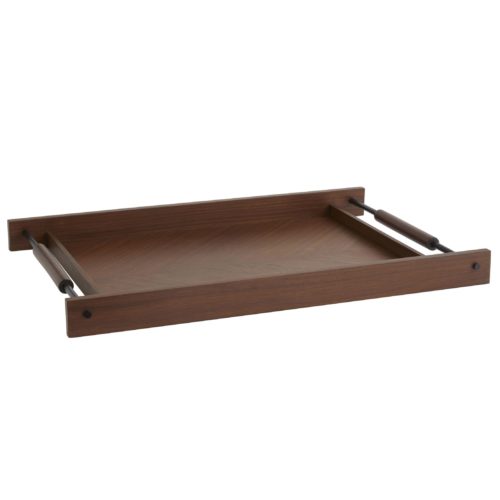 Elegant and generously sized tray for a kitchen island or living room ottoman. The diagonal wood veneer provides abeautiful surface combined with the dark steel and wood handles for an effect that is quiet, elegant and strong.