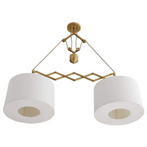 Tension and balance are dynamic qualities this dual pendant light employs. staged over a long dining table or a kitchen island where the linear form of the design can shine. Finished in antique brass.