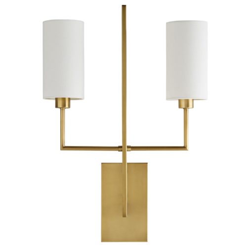Reach out your arms and grab the glory, this sconce stretches wide with two steel dowels supporting cylindrical white linen shades. The dowels are supported off an elegant central steel blade. The scale of this fixtureprovides architectural interest while amplifying the light in any entry hall, corridor or room.