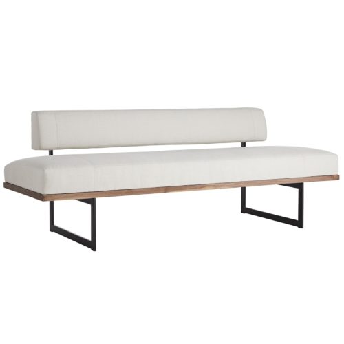 Bench is a cozy seat at the foot of a bed, in an entry, corridor or even in a living room. Designed through an architectural lens, the steel stocklegs support the seat and floating back. The combination of steel, wood and linen fabric make for a handsome addition to the home.
