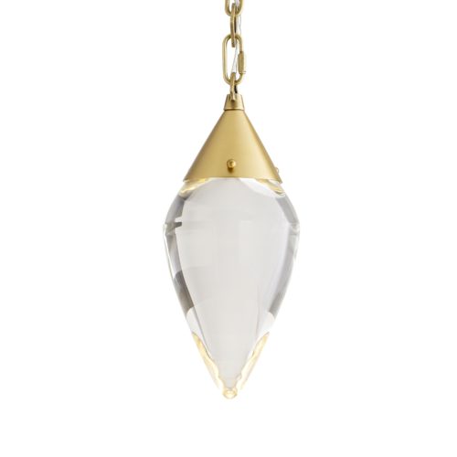 The foundation of this piece is composed of a solid clear crystal diffuser that is stylishly suspended by an antique brass steel chain. The chain features an alternating diamond to oval pattern, delivering a geometric dynamic that complementsits sleek appeal.