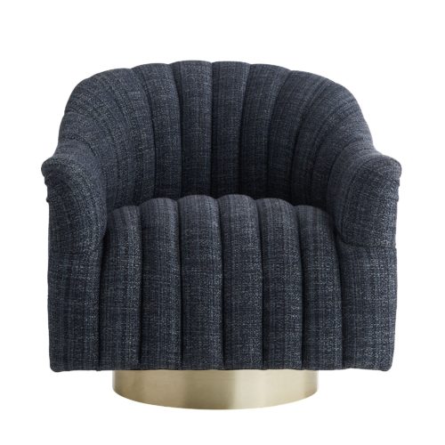 Style reigns supreme in this sensuous swivel chair plucked straight from the seventies. The inviting barrel back, plush channeling and sleek satin brass plinth base create the perfect club chair. Place a pair in your favorite entertaining space with petite drinks tables or use four around a cocktail table instead of the traditional sofa and chair combo. These are meant to be touted, not tucked away!