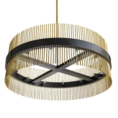 Grand in sculptural form, this brilliant chandelier is crafted with hundreds of tubes of stainless steel. The main steel ring holds 12 candelabra bulbs and is finished in a dark bronze finish with slight antiquing.The linear tubes are fitted in the main ring and match the hanging stem in an antiqued brass finish.