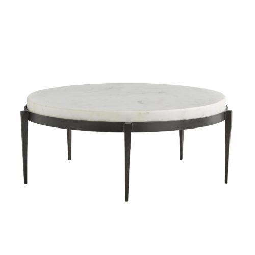 We love the yin and yang on this transitional cocktail table. Hand-forged black iron legs are delicately tapered creating the perfect base for the chunky white marble top.