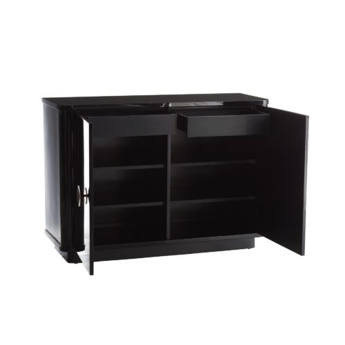 The high gloss finish on this black lacquered oak chest takes things up a notch. Perfectly radiused corners and oversized antique brass hardware intensify the sleek design. Two drawers and adjustable shelves provide ample storage.