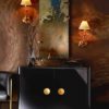 Luxe interior with high gloss black chest and gold accents. Fungi sconces add character to this modern interior.