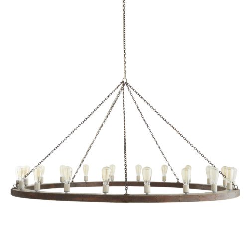 Hanging by a purposely rusted chain, the gray-washed mango wood ring makes an impressive statement when hanging from a beam in a great room or hung above a large round dining table. The Edison bulbs in the photo reinforce the rustic, industrial feel.