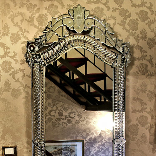Venetian Mirror with Ribbon and Bead Border and Hand Etched Floral Accents